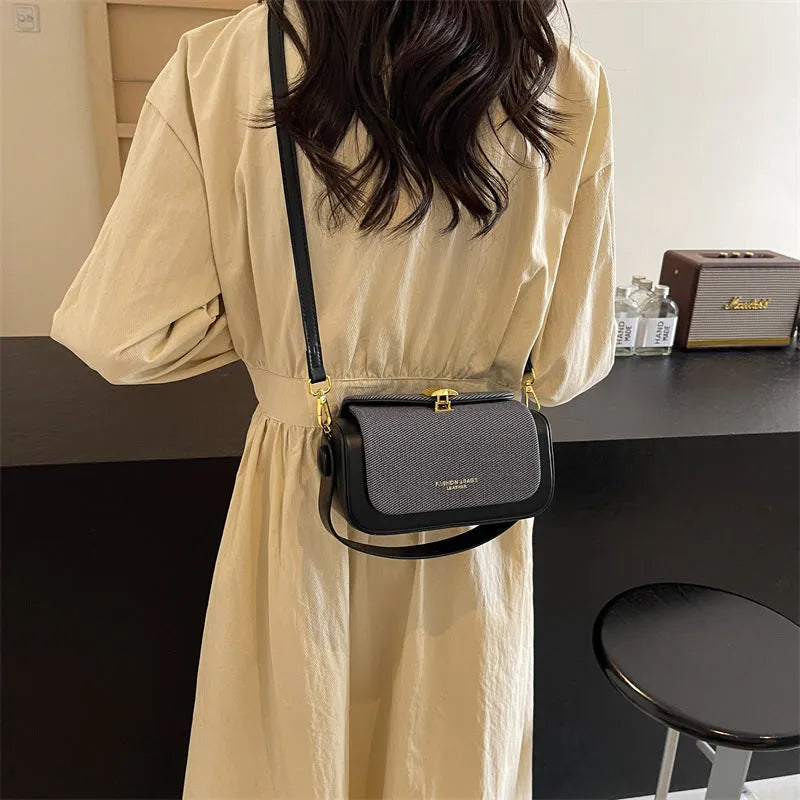 Women's PU leather messenger bag in horizontal square shape with contrast colour stitching and lock closure, available in multiple colours