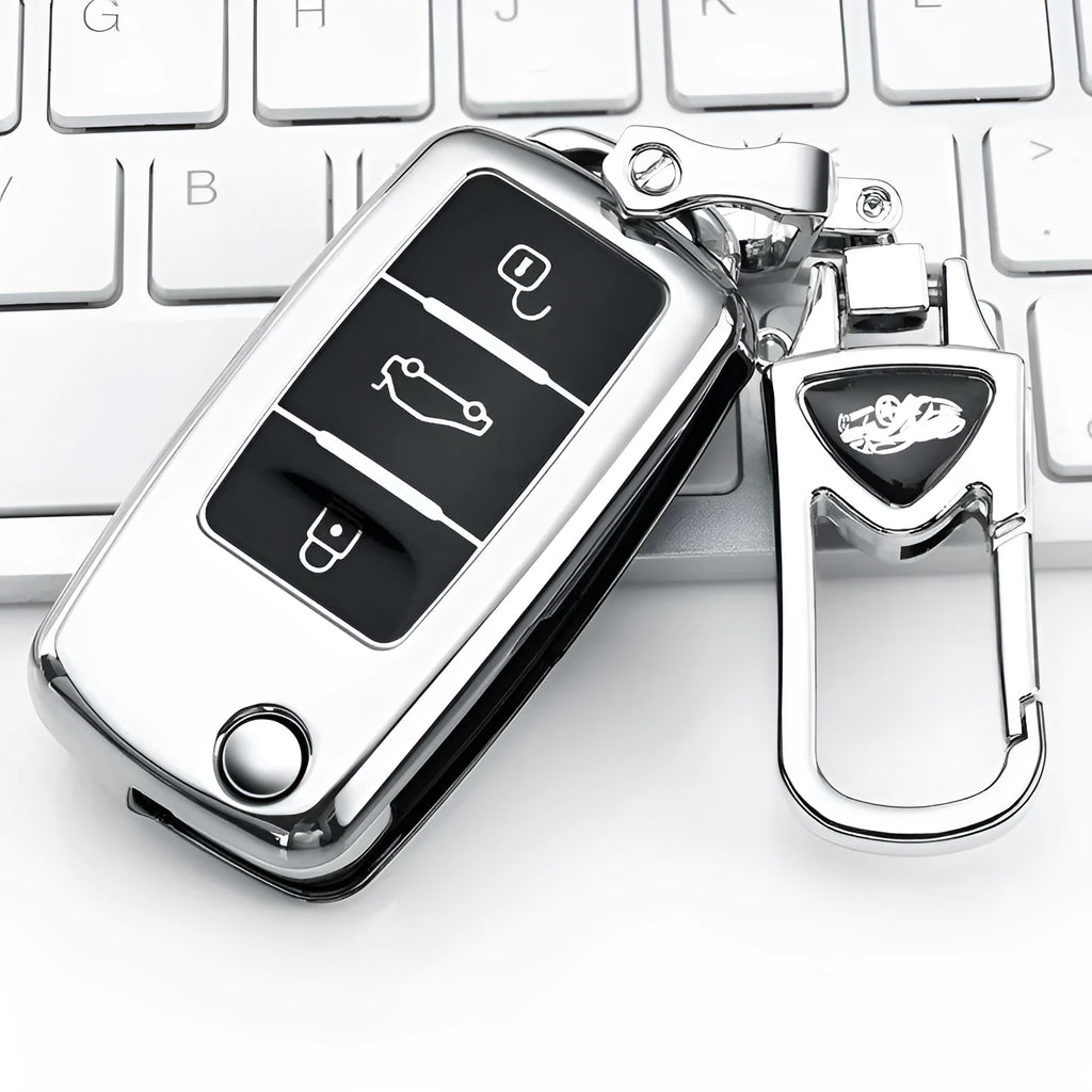 VW Model A car key case with removable metal buckle in blue, pink, red, and silver colour options.