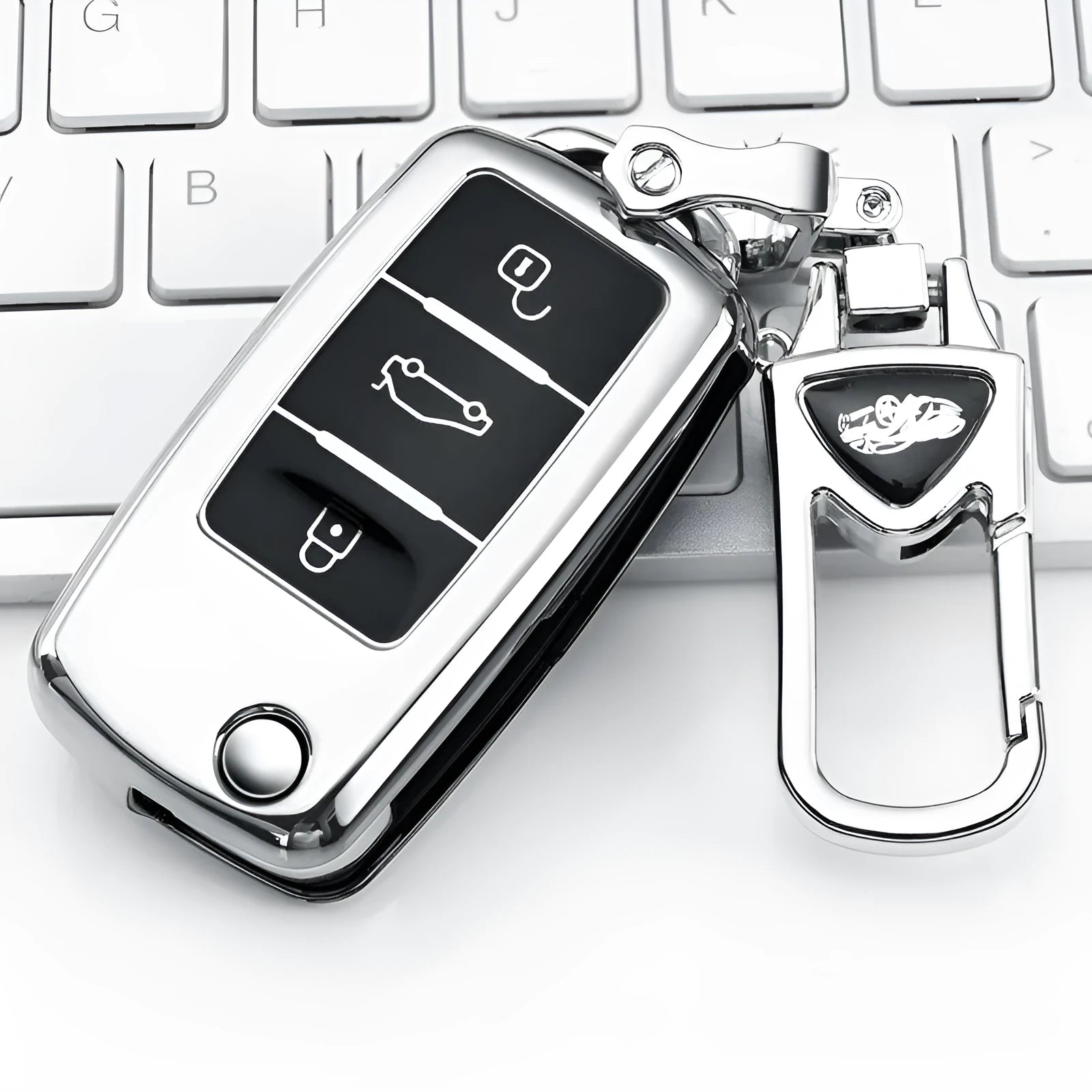 VW Model A car key case with removable metal buckle in blue, pink, red, and silver colour options.
