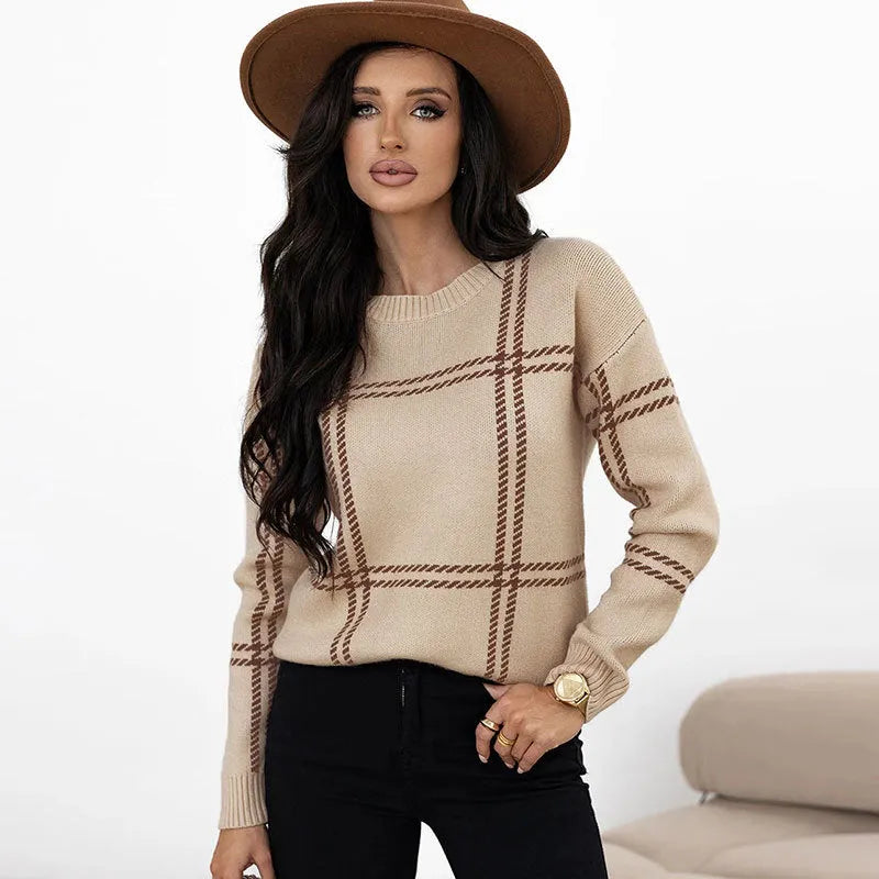Women's loose fit plaid colour-block sweater with apricot, black, beige, red, and green stripes, crew neck pullover.