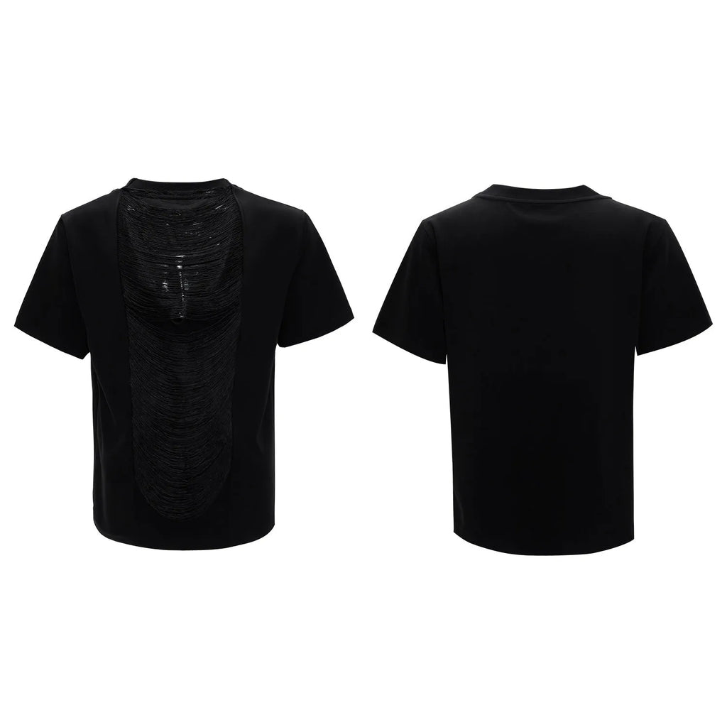 Men's black V-neck loose fit t-shirt with short sleeves and three-dimensional cutting