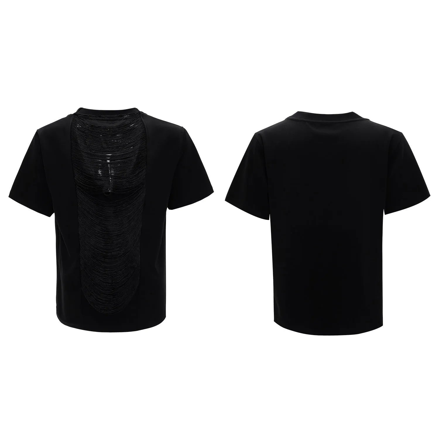 Men's black V-neck loose fit t-shirt with short sleeves and three-dimensional cutting