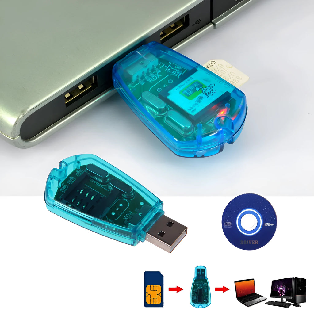 Blue USB 2.0 SIM card reader for mobile phone data backup and editing