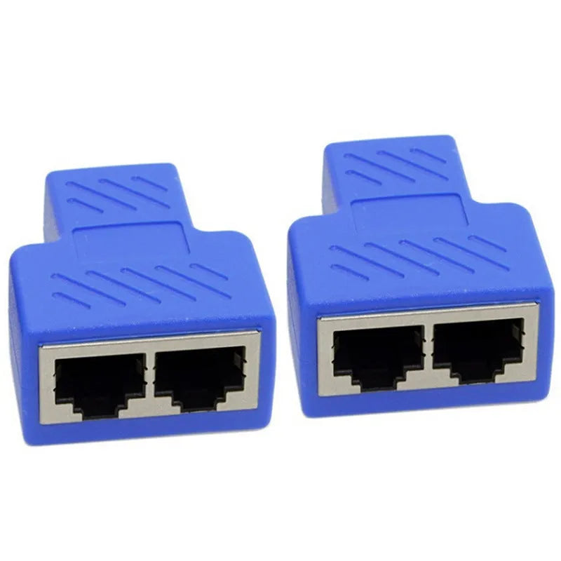 Two white RJ45 network cable splitter adapters showing one input and two output ports.