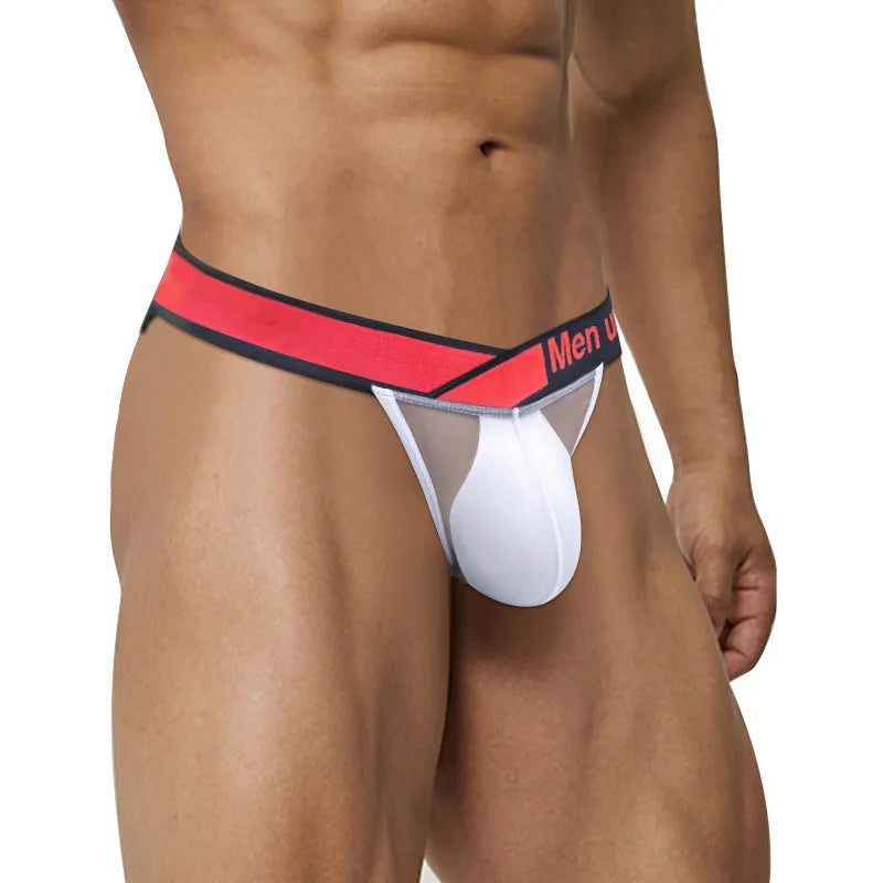 Men's transparent ice silk nylon briefs with large V gradient design in black red white colours