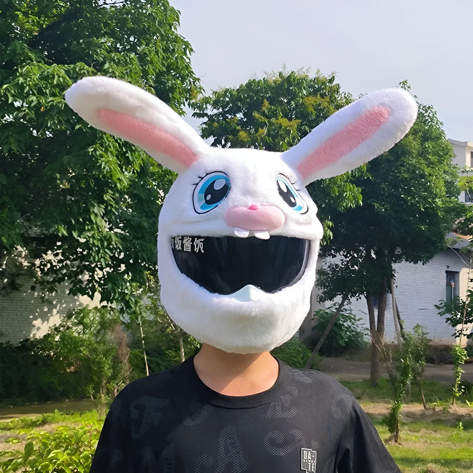 White rabbit head decorative helmet cover for electric motorcycles with long ears and plush material