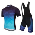 A man and woman wearing moisture-wicking cycling jerseys for summer road and mountain biking.