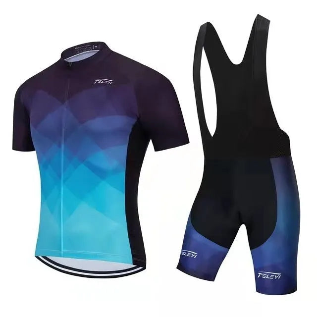 A man and woman wearing moisture-wicking cycling jerseys for summer road and mountain biking.
