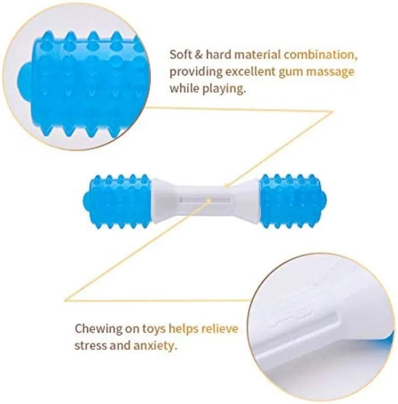 Dual-colour TPR rubber puppy teething chew toy in small, medium, and large sizes.