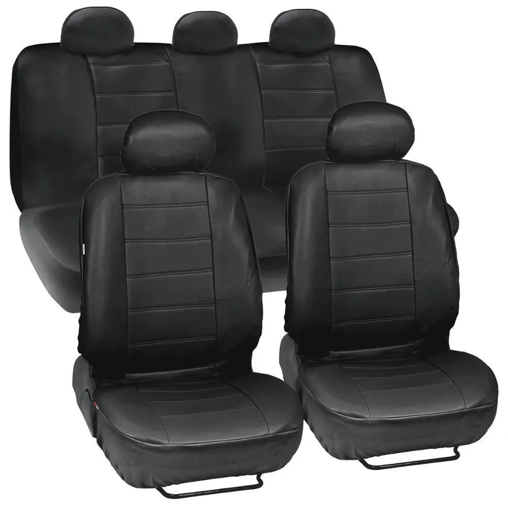 Car leather seat cover set 9-piece with installation hooks and English manual on vehicle seat