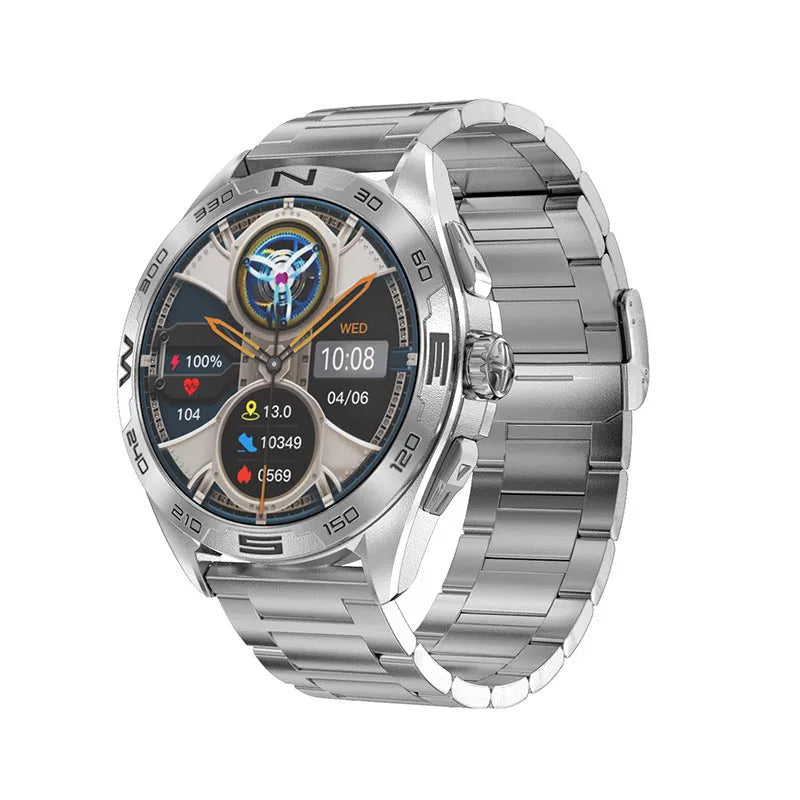 Smart watch for men showing health stats on display, in black steel finish on a wrist.