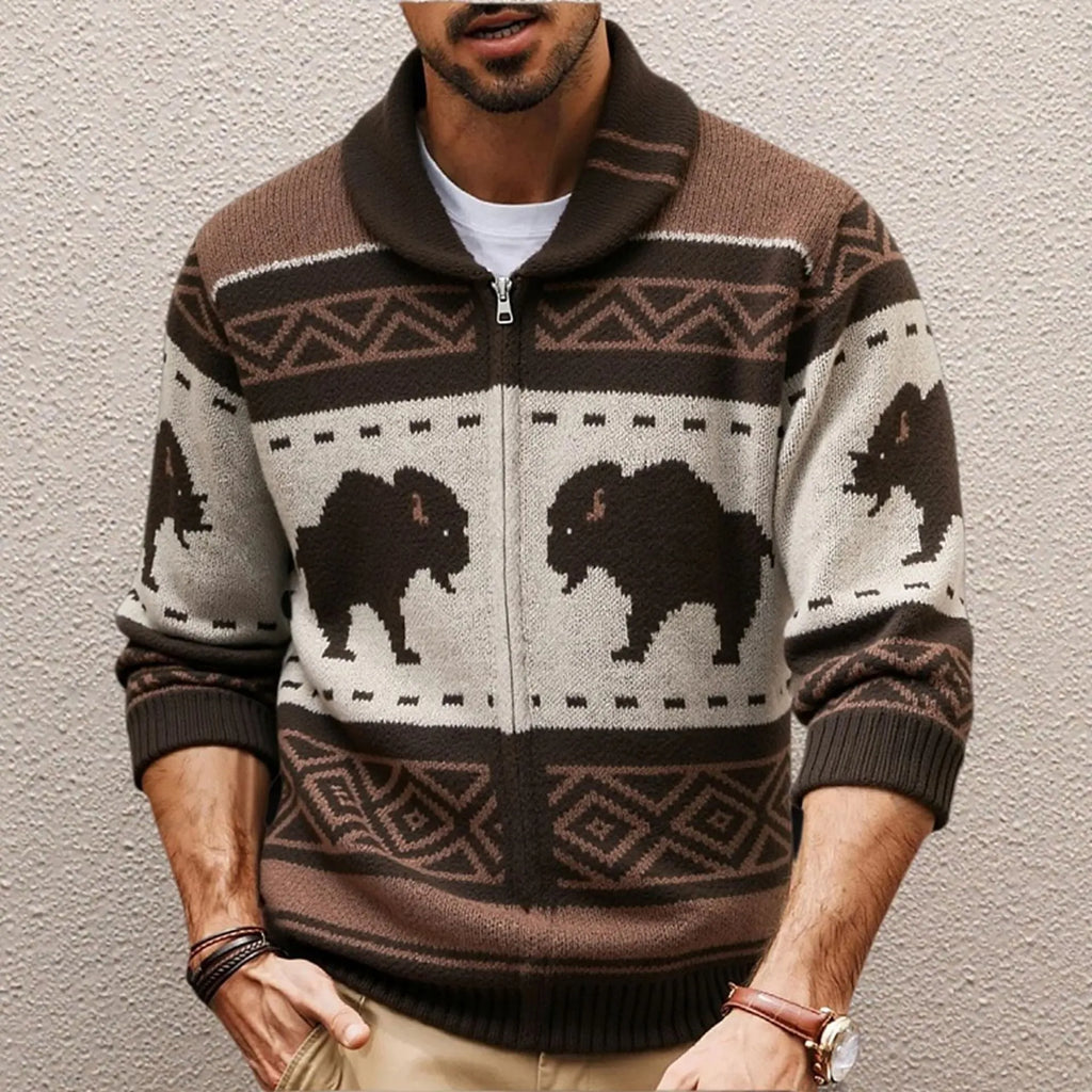 Men's brown retro jacquard knit cardigan with long sleeves, thickened polyester fabric, straight fit