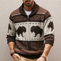 Men's brown retro jacquard knit cardigan with long sleeves, thickened polyester fabric, straight fit