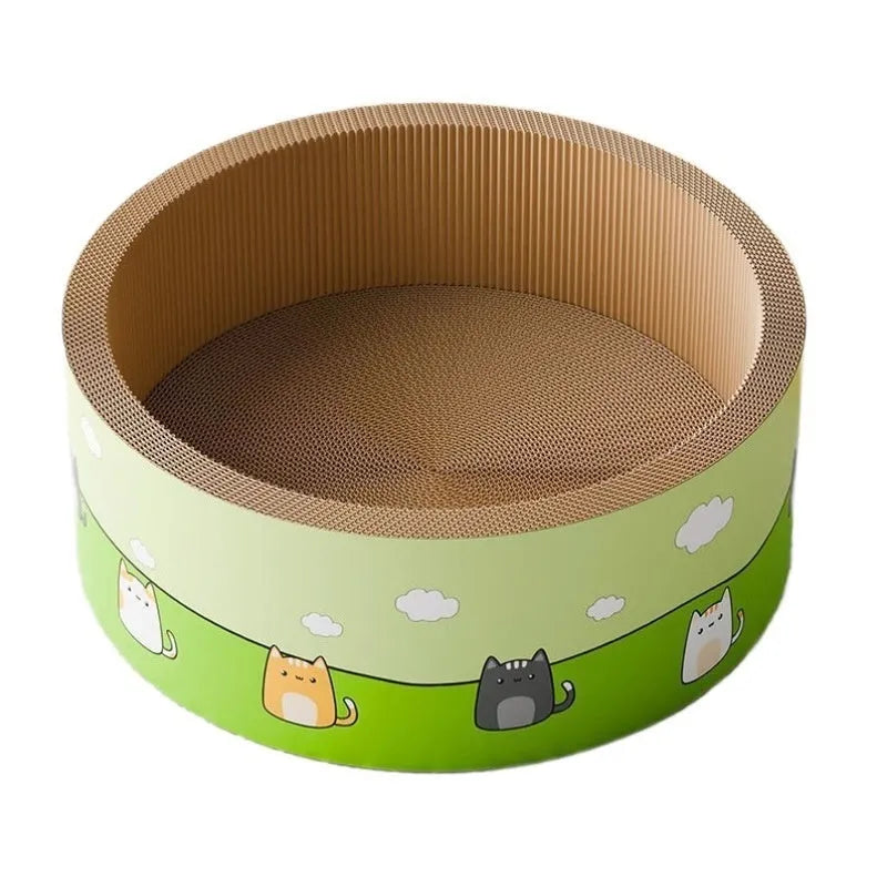 Round deep pit cat scratch board in corrugated paper construction showing 45cm and 50cm size options