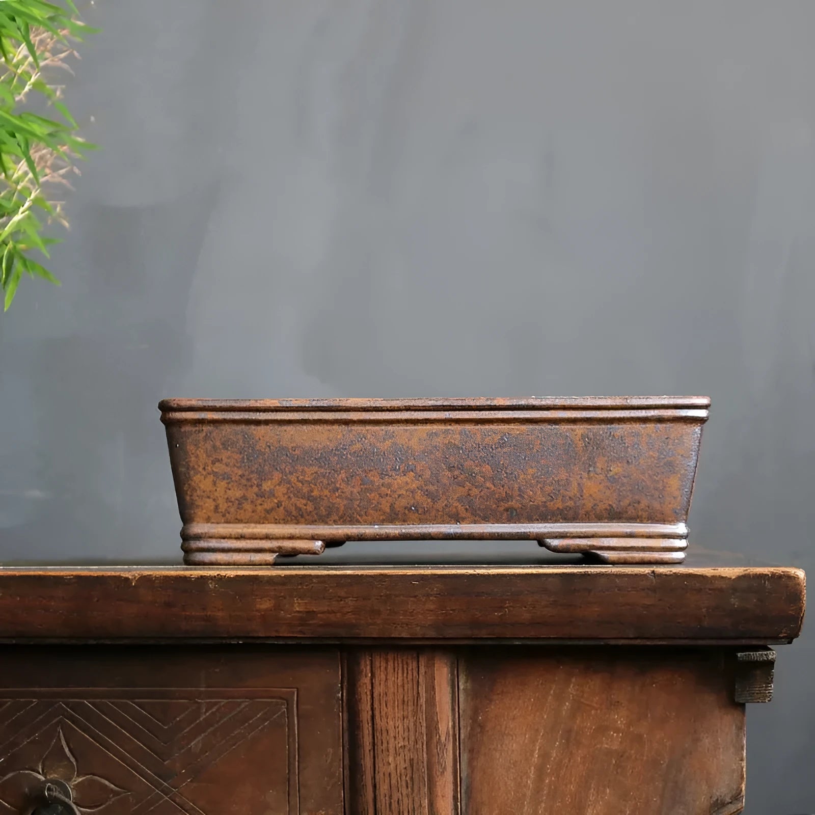 Purple sand rectangular bonsai pot with firewood burning texture pattern