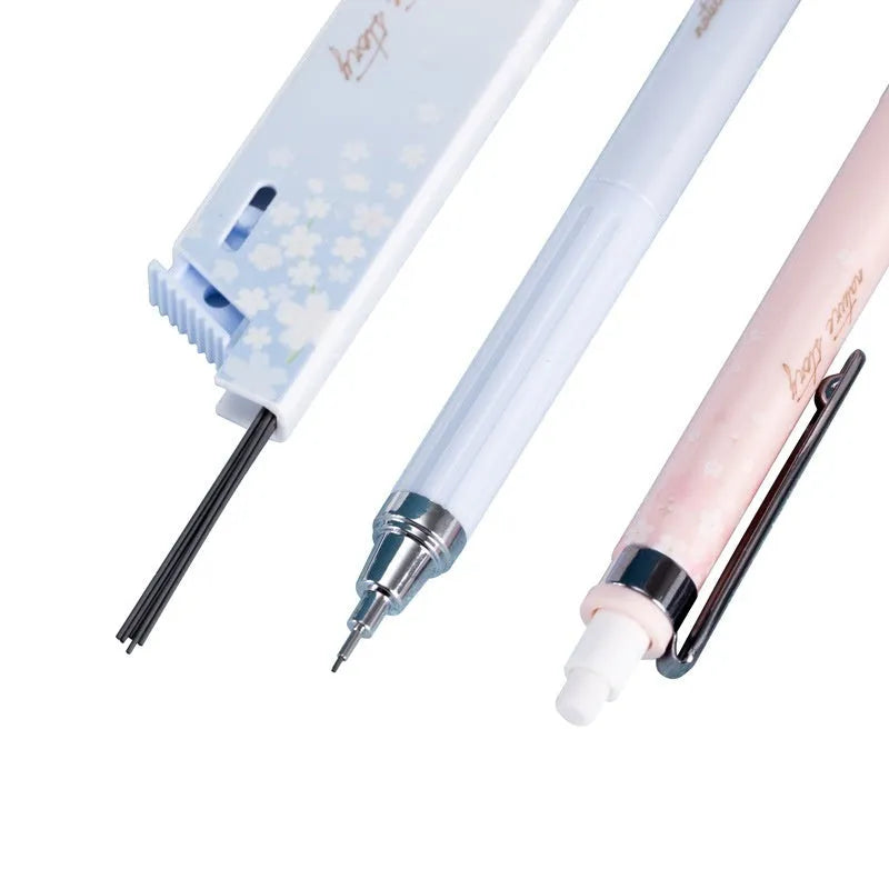 Cartoon automatic pencil set showing three 0.5mm pencils and HB refill boxes in mixed colours