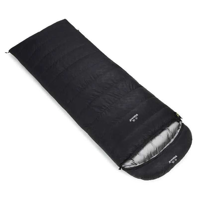 Black adult outdoor sleeping bag with white goose down filler and envelope design.