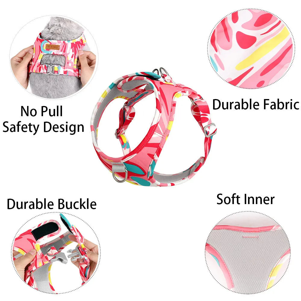 Printed breathable polyester pet harness suit in red flower camouflage with matching traction rope for small dogs