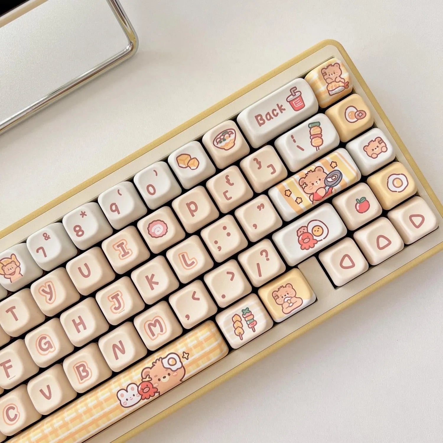 Set of 140 PBT plastic keycaps for mechanical keyboards in EOA height with Rabbit Bear Restaurant graphics.