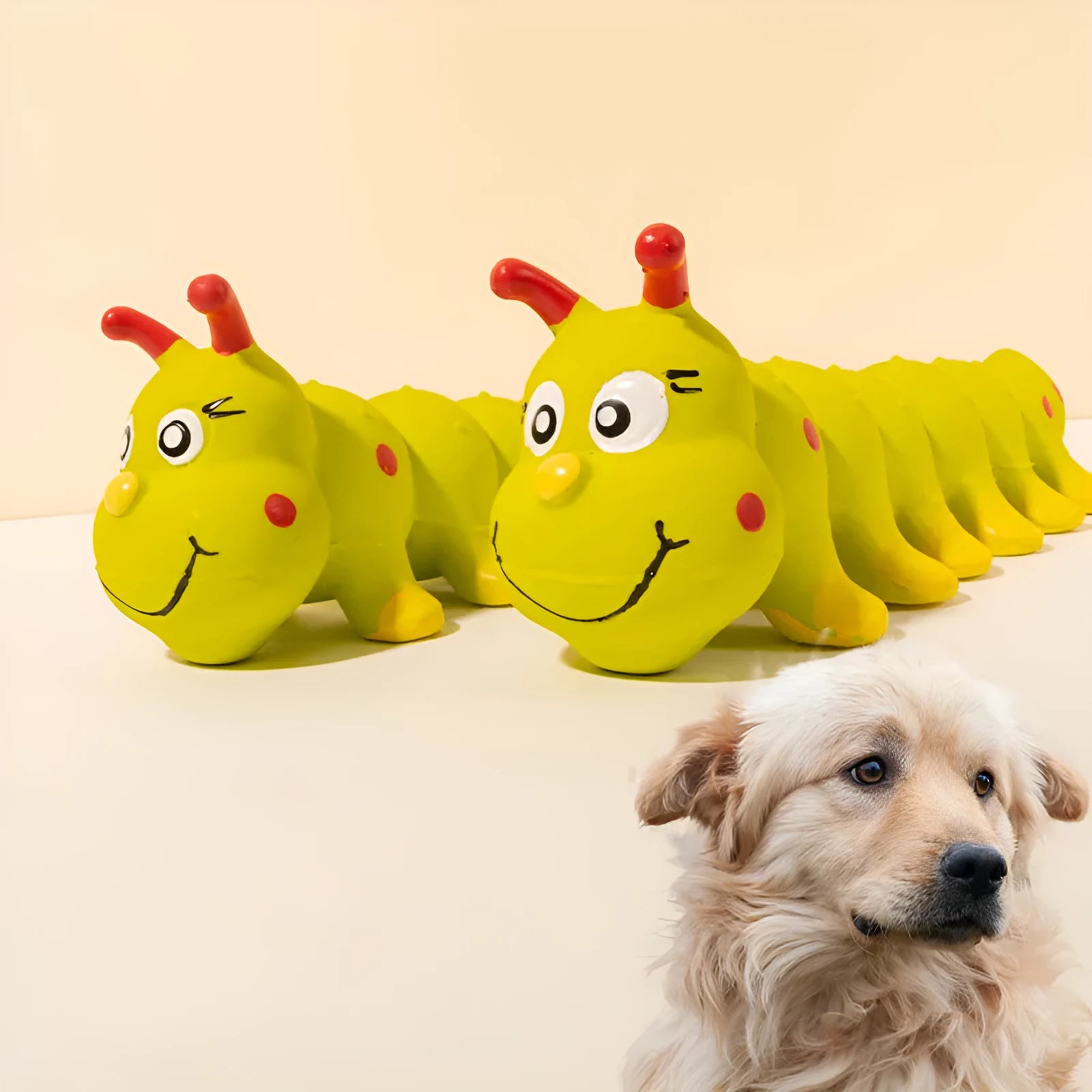 Yellow caterpillar rubber squeaky dog toy for small medium dogs 25.5x9cm