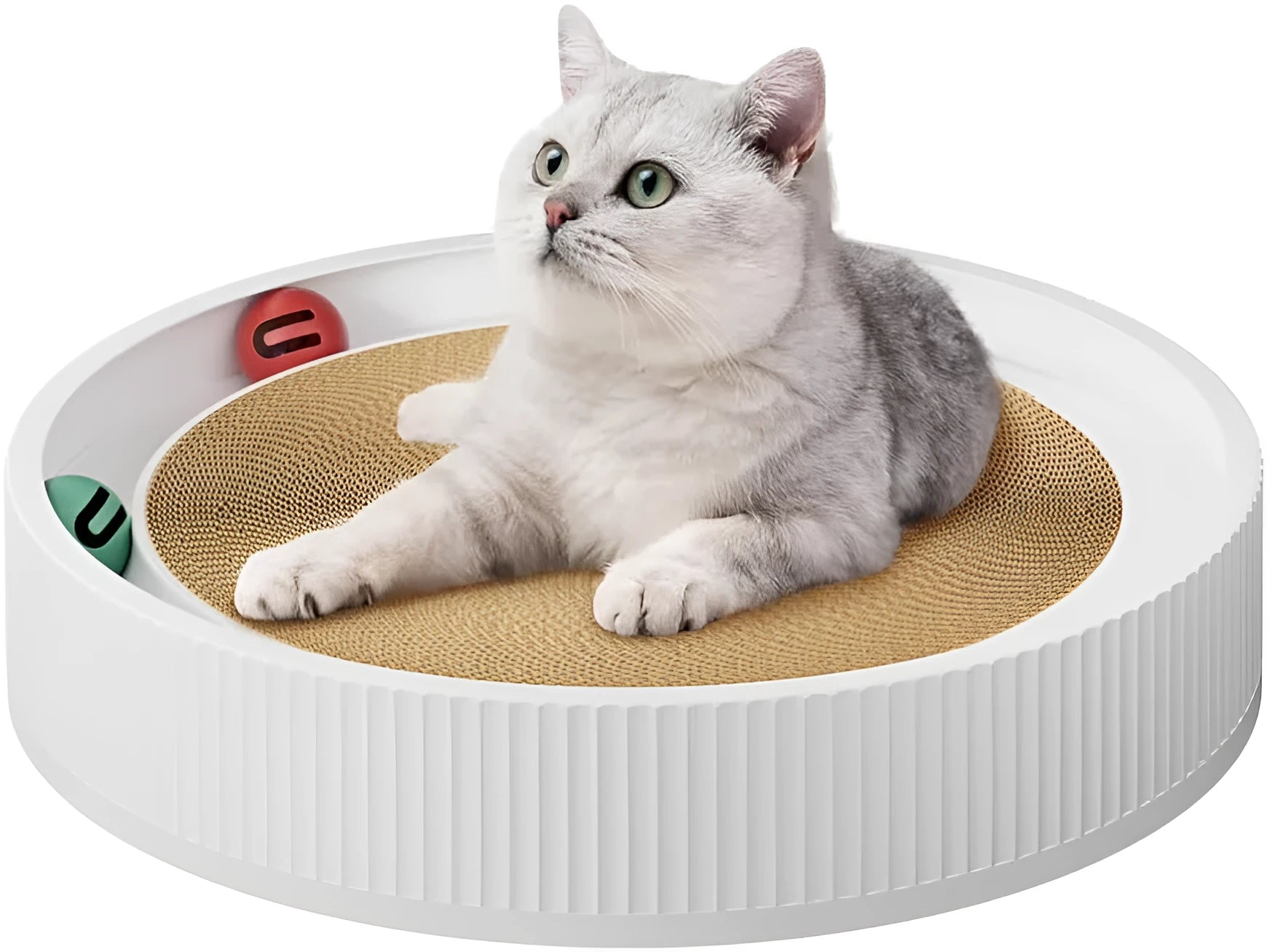 Large green cat scratching board with ball toys and replaceable cardboard core
