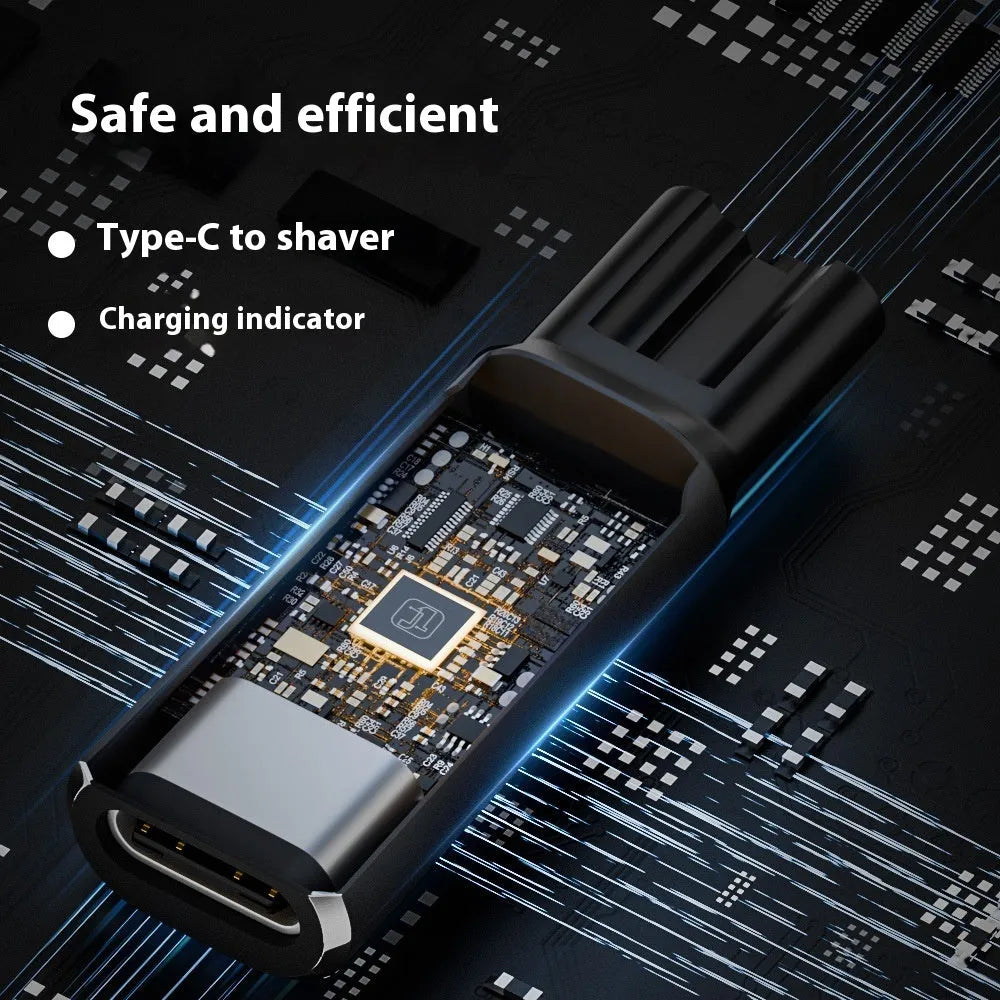 USB C charging adapter for electric shaver with aluminium alloy casing in black or grey