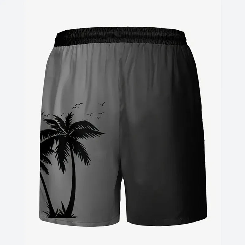 Man wearing loose blue polyester beach shorts on sand, showing relaxed fit and casual style.