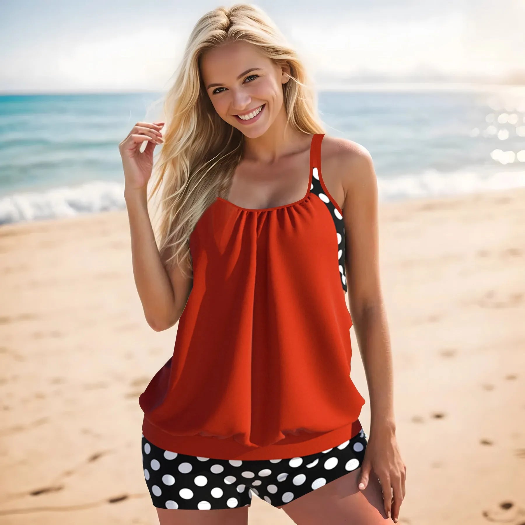 Women's high-waisted polka dot swim briefs in black, available in sizes S to 5XL.