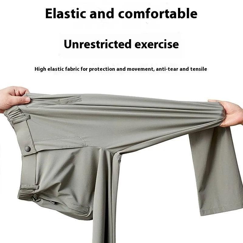 Men's ice silk straight loose trousers in black with elastic open waistband shown folded