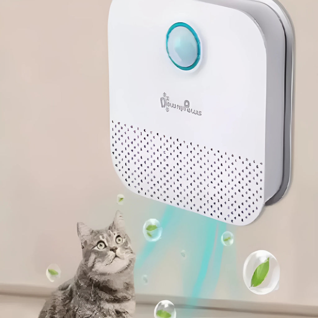 White DownyPaws 4000mAh smart cat odour purifier measuring 9.2 x 9.2 x 4 cm