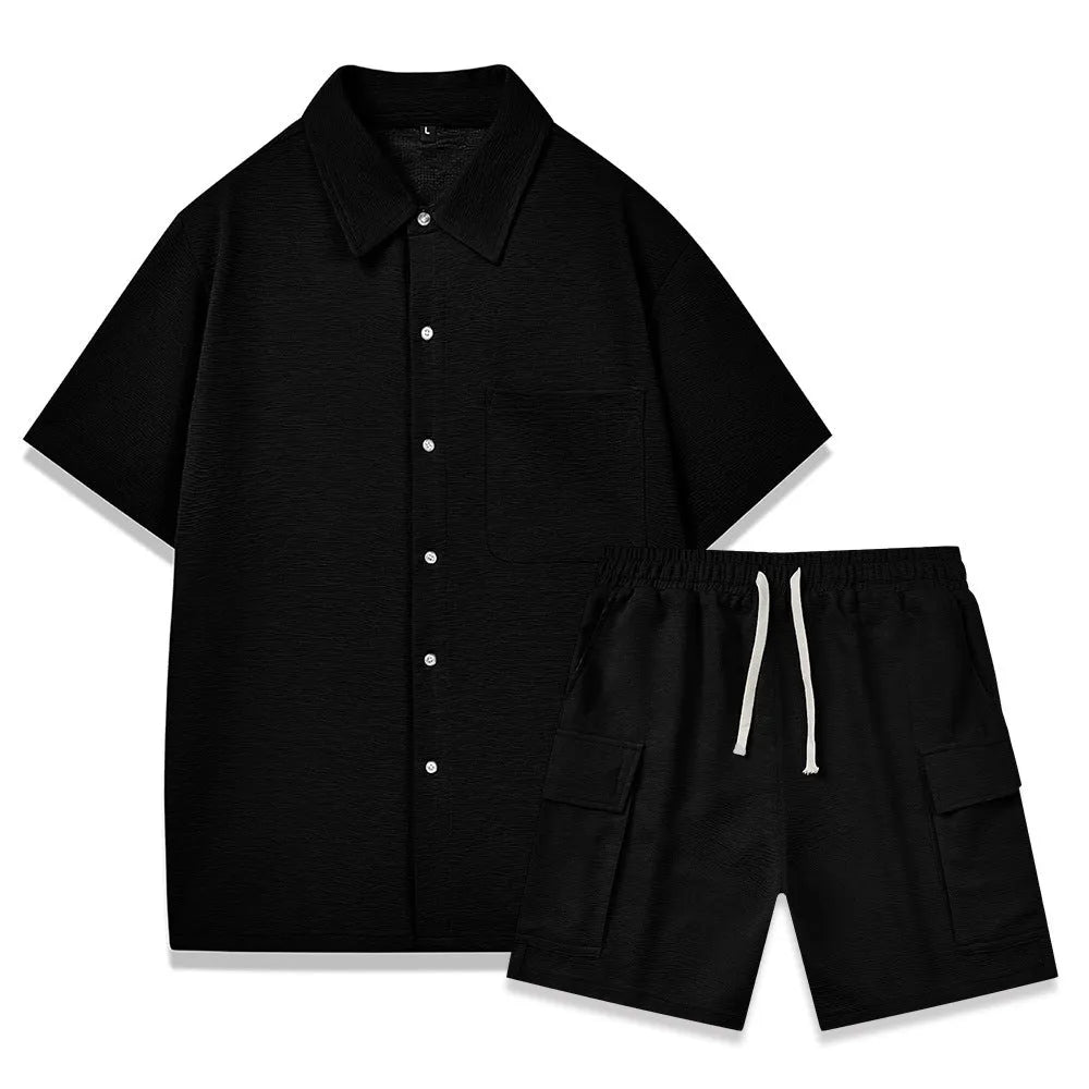 Women's plain polyester two-piece shorts set with elastic waistband, shown in beige colour.
