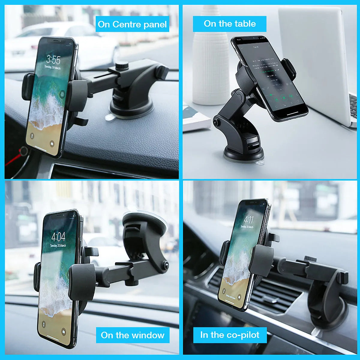 Black telescopic arm car phone holder with suction cup mount on a dashboard.