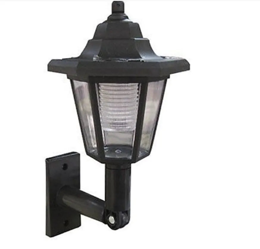 Black hexagonal solar wall lamp with IP44 waterproof rating for outdoor garden installation