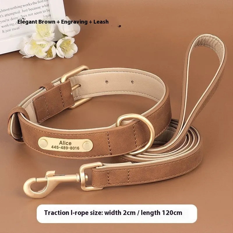 A brown double-layer leather dog collar and matching leash for medium-sized dogs.