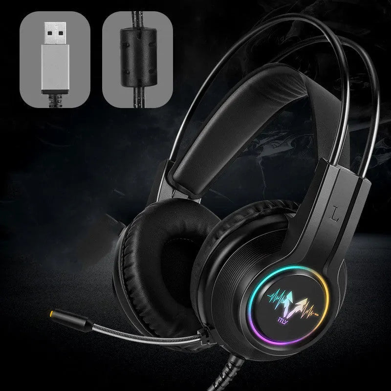 M5 gaming headset with RGB luminous design, black and silver style, over-ear wired headset with leather cushions