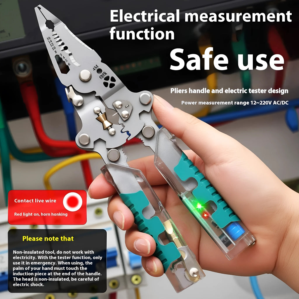 Thickened multi-functional electric pointed pliers with wire stripper, made from rust-resistant Luo Ni steel.