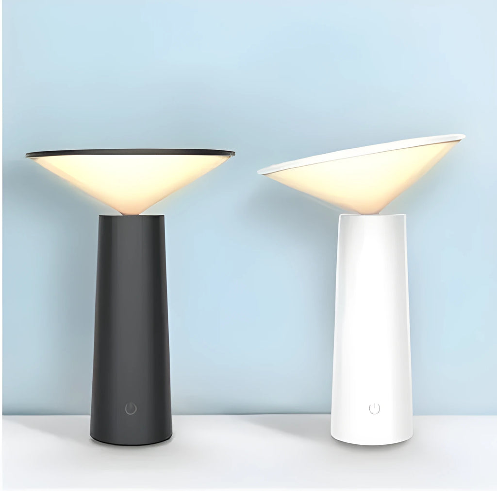 Black USB touch control desk lamp with adjustable head on a wooden desk