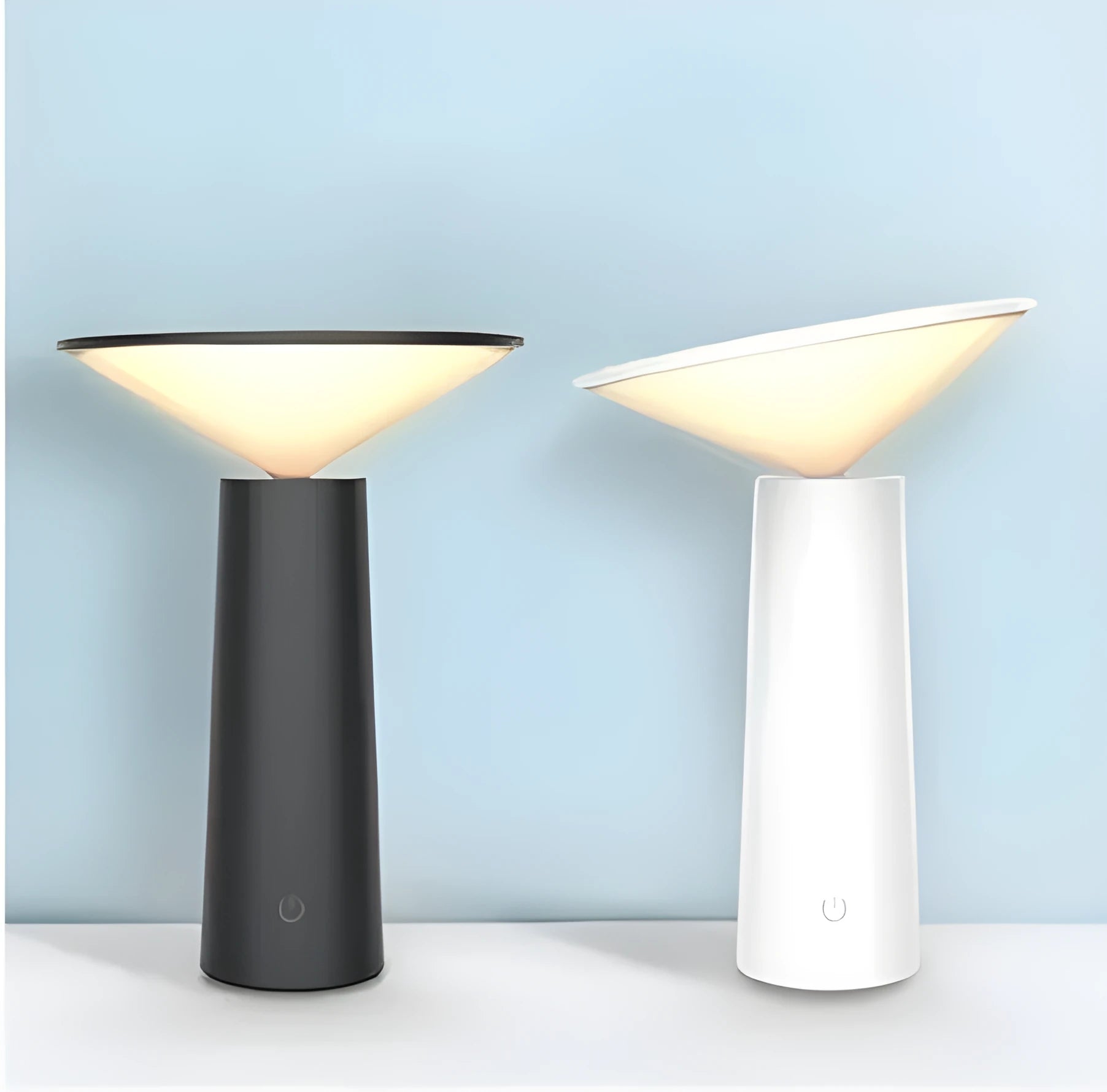 Black USB touch control desk lamp with adjustable head on a wooden desk