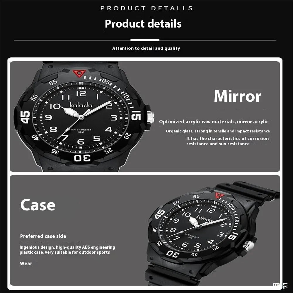 Men's sports luminous pointer quartz watch in black and green with date and week calendar display