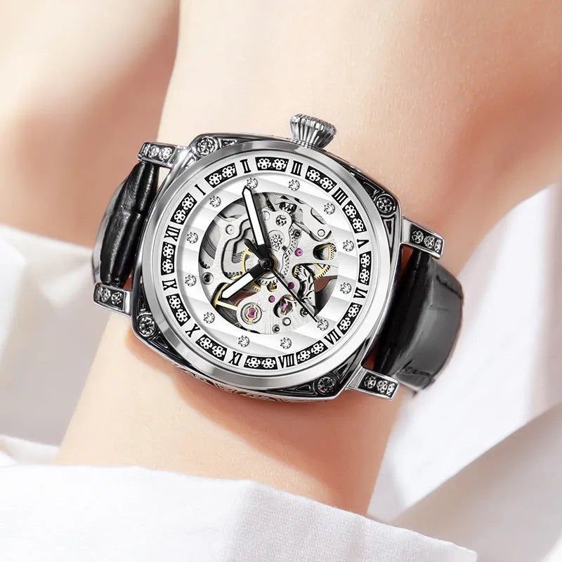 Men's mechanical leather strap watch with luminous hands showing black, red, steel, and white colour options
