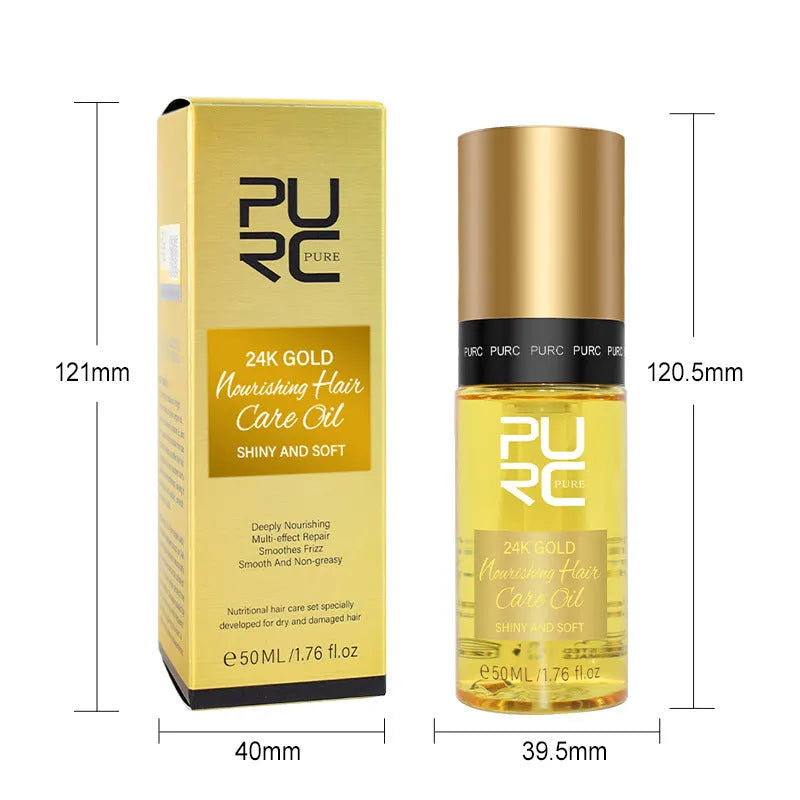 Yellow-tinted hair care essential oil in 50ml bottle for curly hair repair and scalp treatment