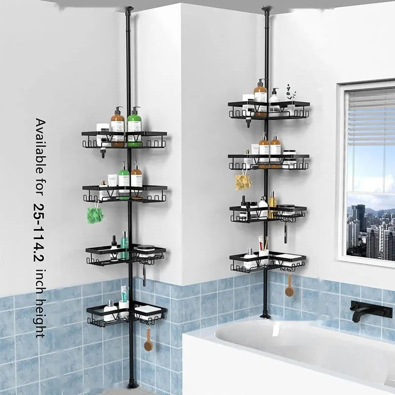 Hole-free retractable bathroom storage rack with four stainless steel layers