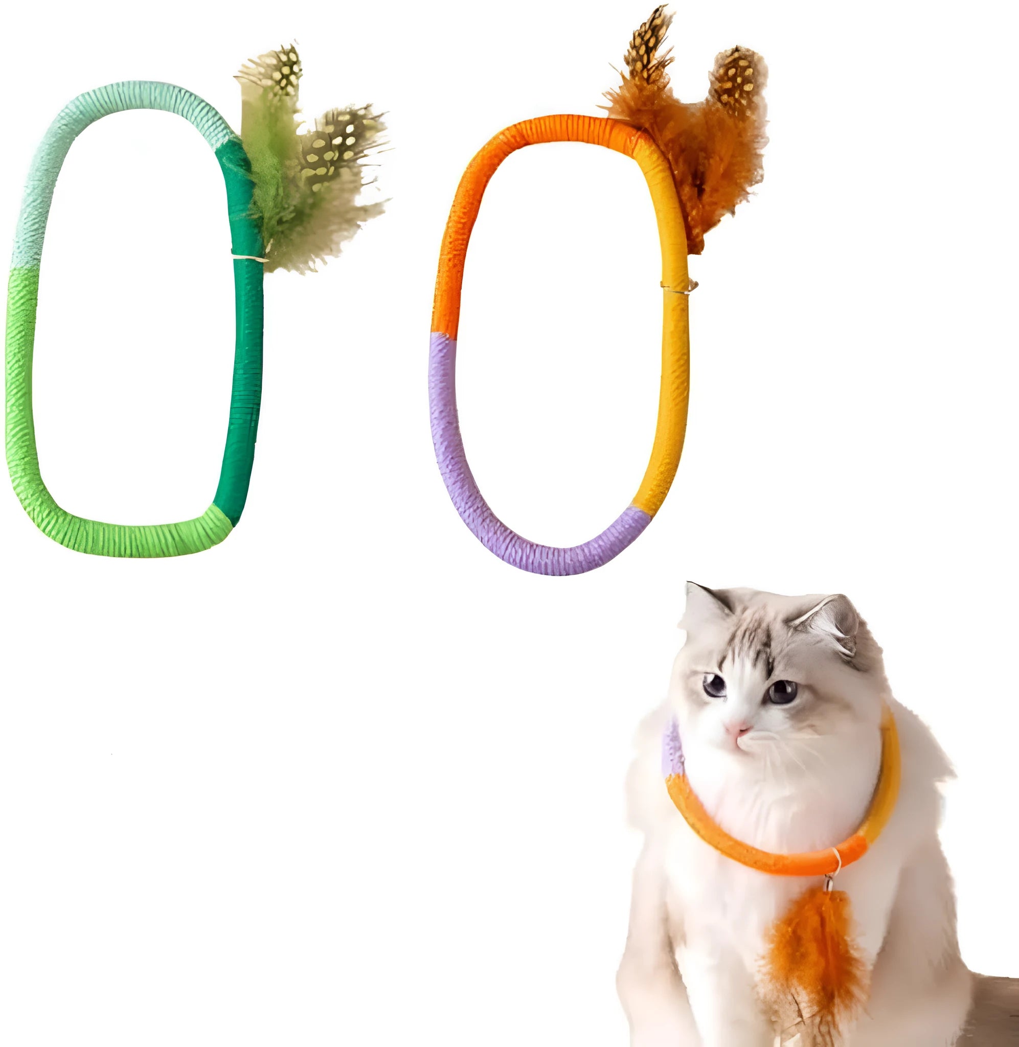 Green circular cotton rope cat toy with feathers and catnip for interactive play
