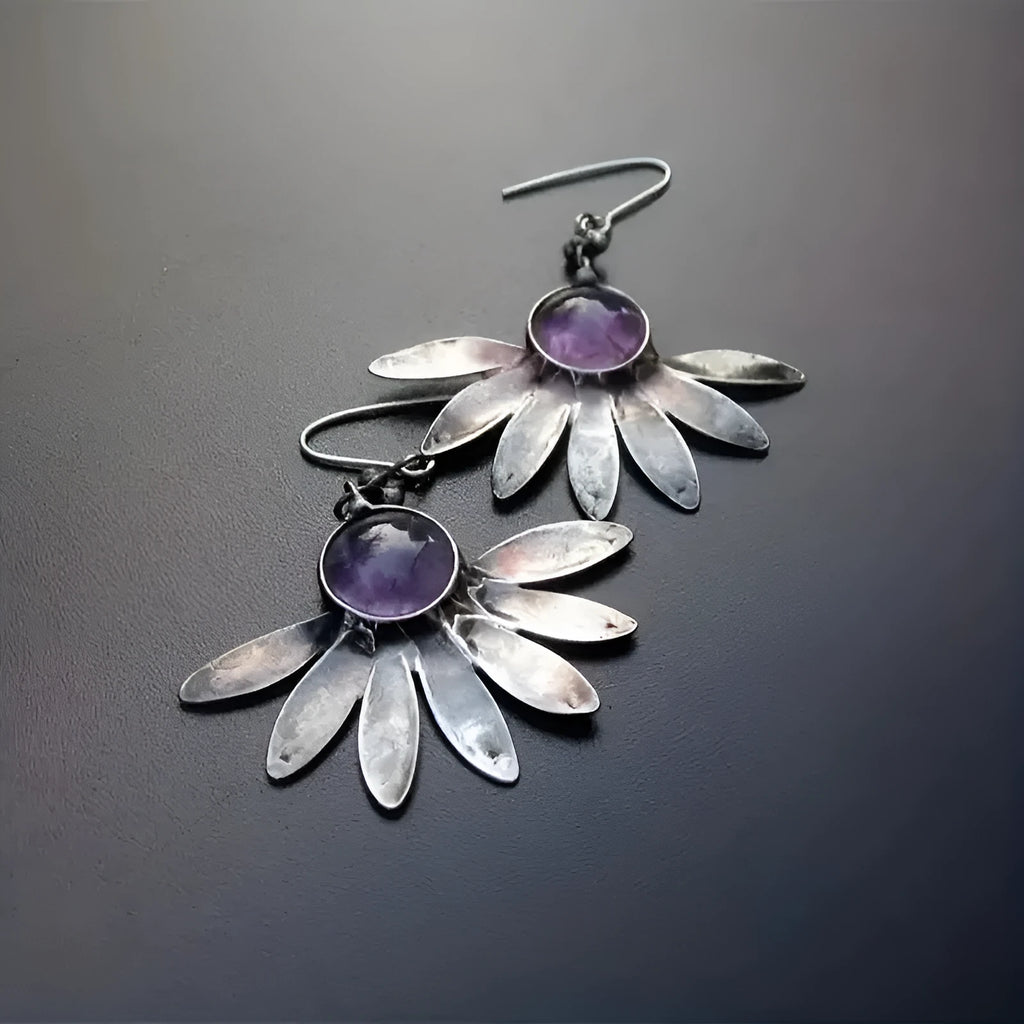 Purple animal modelling bohemian earrings with resin gemstones and retro style details