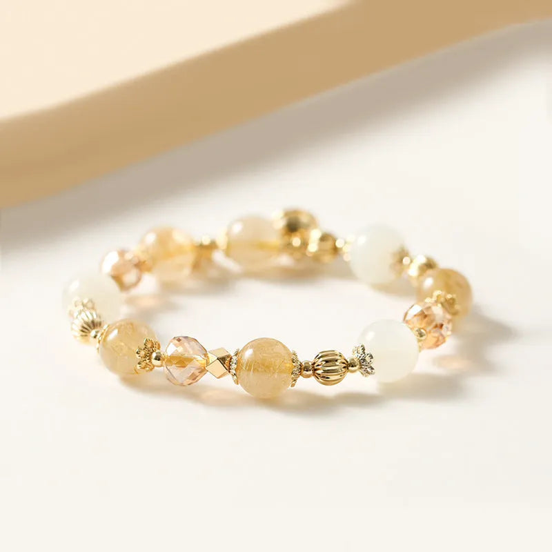 Gold electroplated rutilated quartz crystal bracelet in Korean style with Lucky Fortune colour