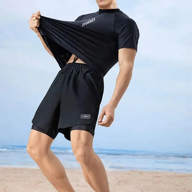 Men's patterned polyester swimsuit set with top and pants in extended sizes