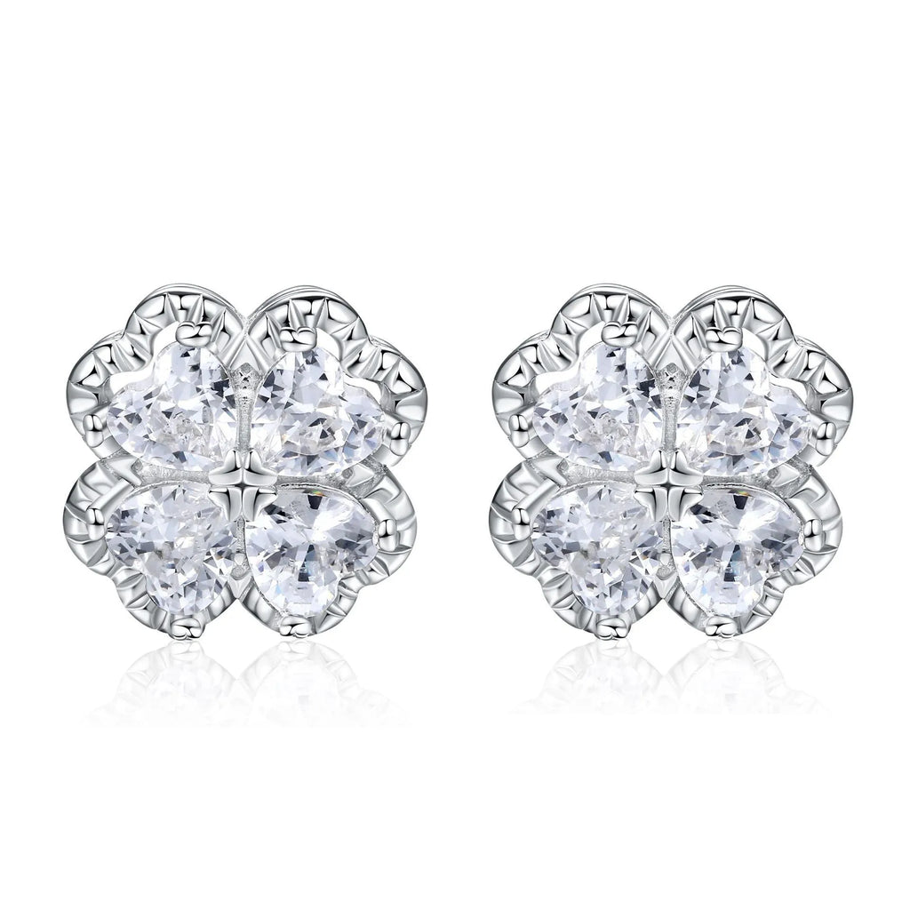 Zeng Yin four-leaf clover heart shape 925 silver earrings with zircon stones and white gold colour finish
