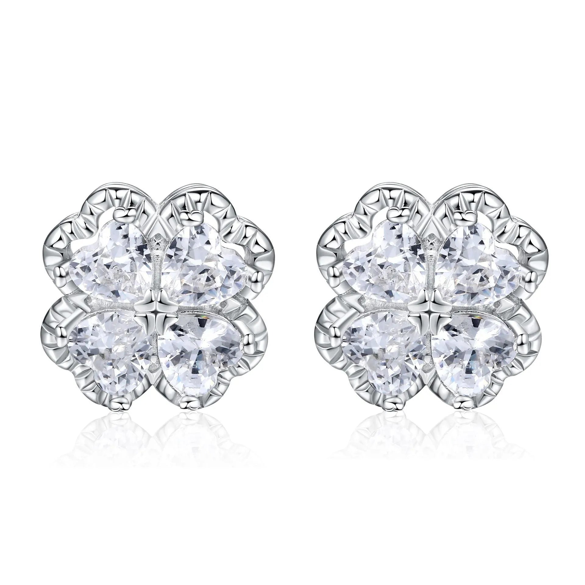 Zeng Yin four-leaf clover heart shape 925 silver earrings with zircon stones and white gold colour finish