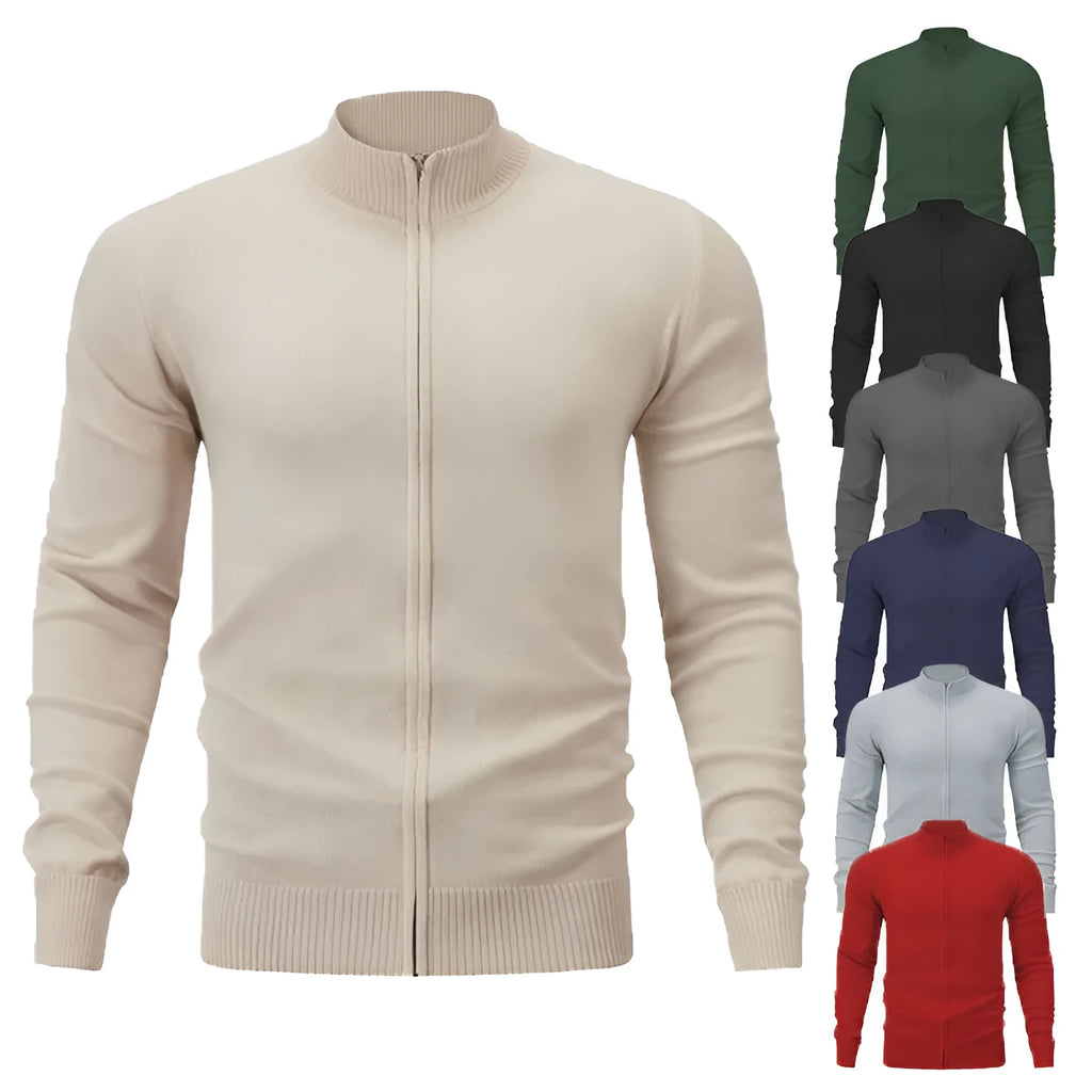 Stand collar casual zip sweater in apricot colour showing front zip and loose fit design