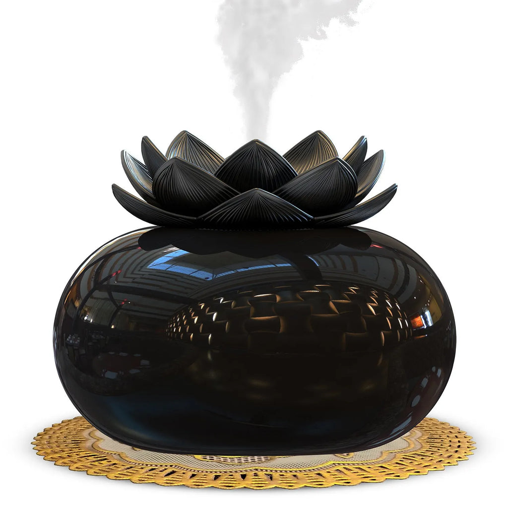 Pure black round Lotus ultrasonic humidifier with USB cable and ceramic base